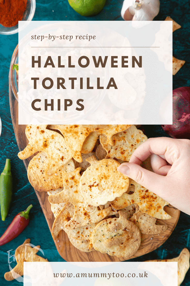 Halloween tortillas on a board with a small bowl of tomato salsa. A hand holds a pumpkin-shaped chip. Caption: Step-by-step recipe. Halloween tortilla chips.