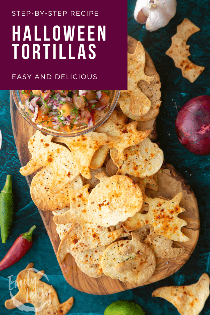 Halloween tortillas on a board with a small bowl of tomato salsa. Caption: Step-by-step recipe. Halloween tortillas. Easy and delicious.