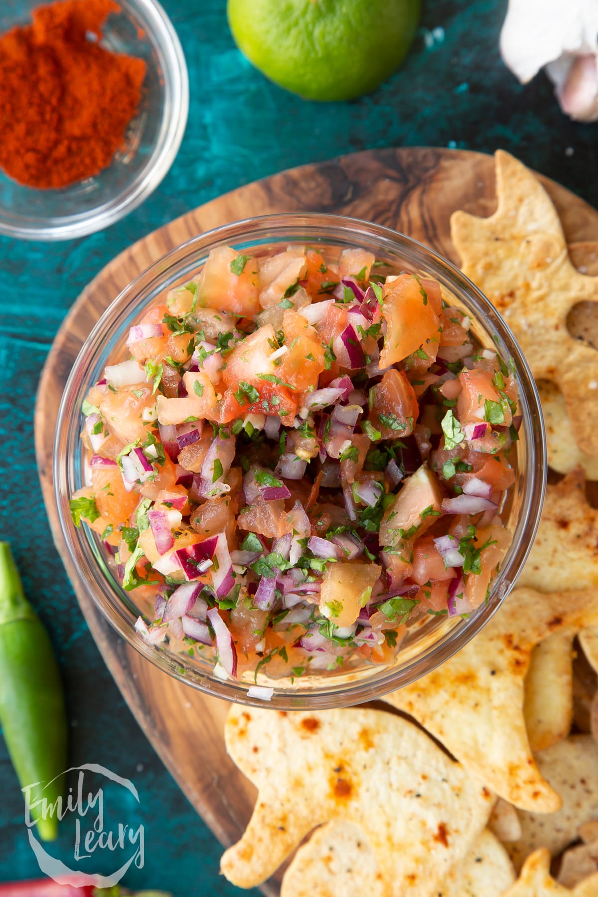 A bowl of tomato salsa on a board with Halloween tortillas.