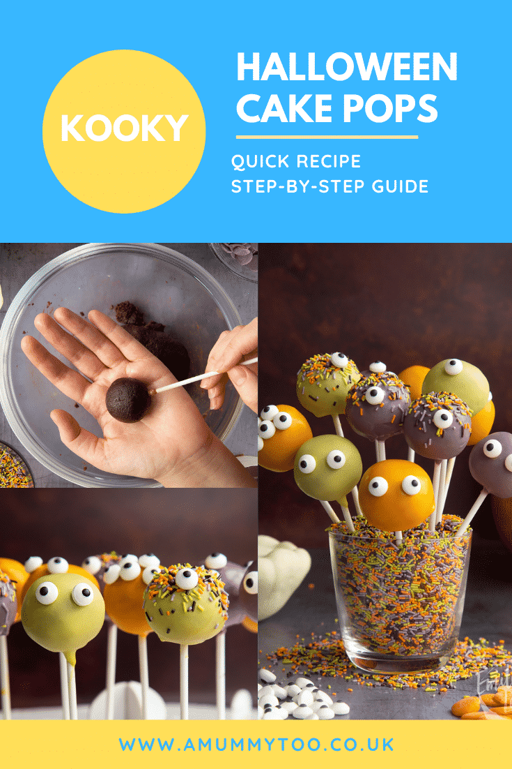 Collage of Halloween cake pops. Caption reads: Kooky Halloween cake pops. Quick recipe. Step-by-step guide.