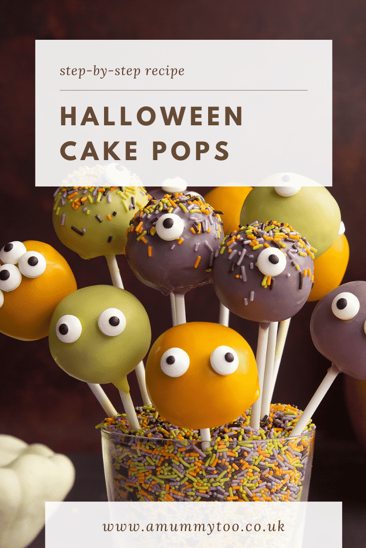 Halloween cake pops standing in a glass filled with Halloween sprinkles. Caption reads: Step-by-step recipe Halloween cake pops.