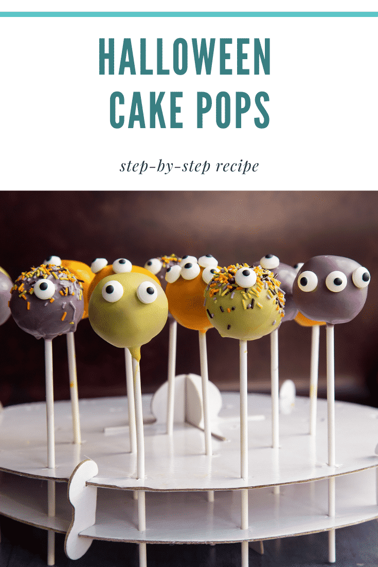 Halloween cake pops standing in a cardboard stand. Caption reads: Halloween cake pops. Step-by-step recipe