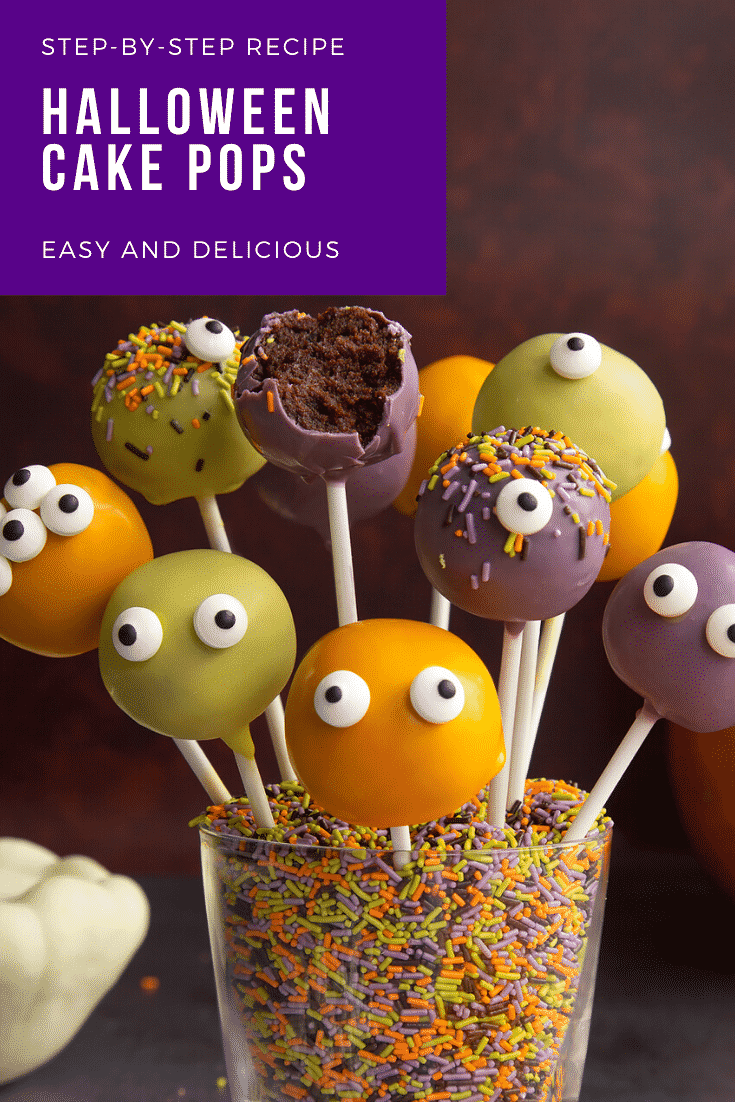 Halloween cake pops standing in a glass filled with Halloween sprinkles. One has been bitten. Caption reads: Step-by-step recipe Halloween cake pops. Easy and delicious.