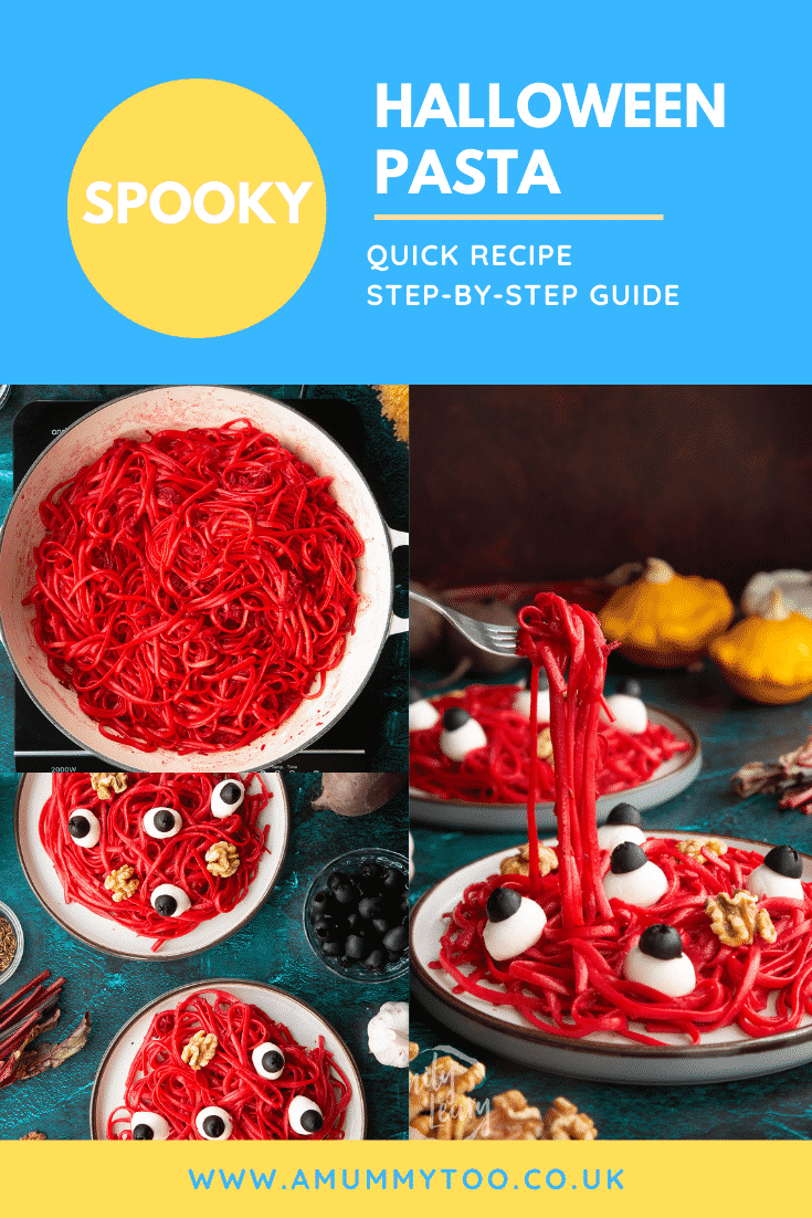 Collage of plates of beetroot Halloween pasta recipe, topped with mozzarella eyes and walnut brains. Caption reads: Spooky Halloween pasta. Quick recipe. Step-by-step guide.