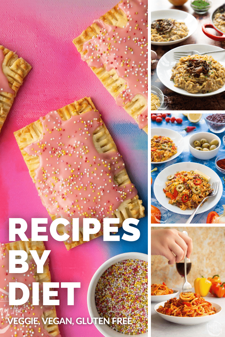 Collage of food images: pop tarts, pasta, paella and risotto. Caption reads: recipes by diet - veggie, vegan, gluten free