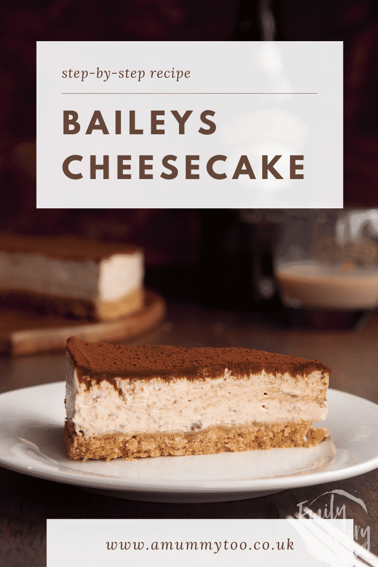 Slice of Baileys cheesecake. Caption reads: Step-by-step recipe Baileys cheesecake.