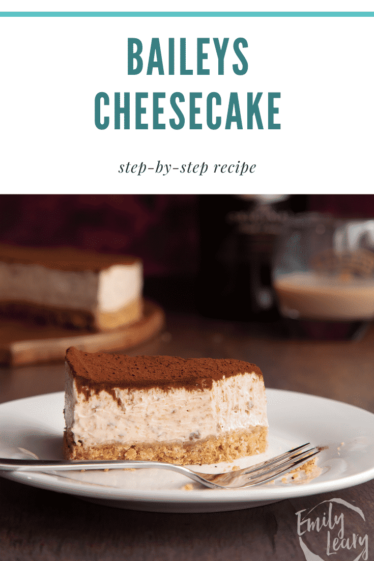 Slice of Baileys cheesecake with a fork. Caption reads: Baileys cheesecake. Step-by-step recipe