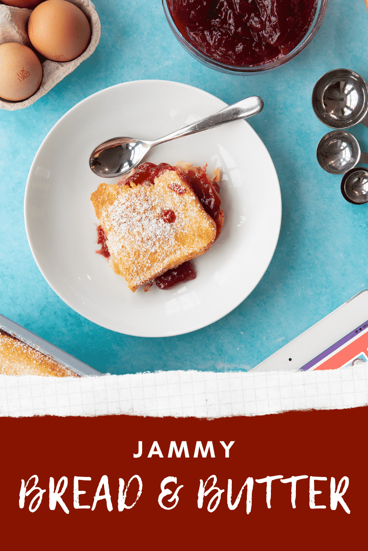Pinterest image for the bread and butter pudding with jam.
