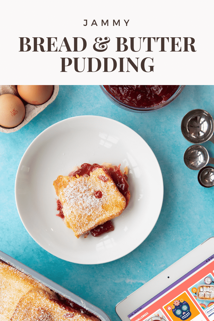 Pinterest image for the bread and butter pudding with jam.