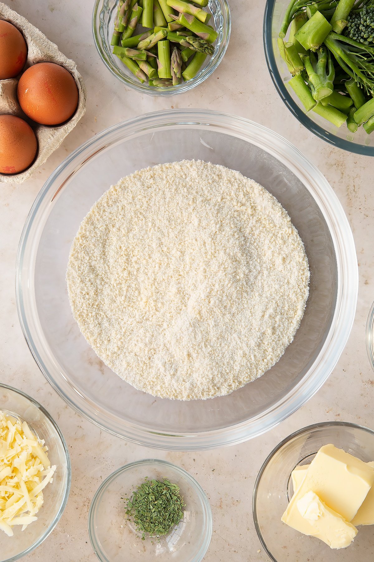 Overhead shot of the butter and flour in a mixing bowl having been mixed together. 