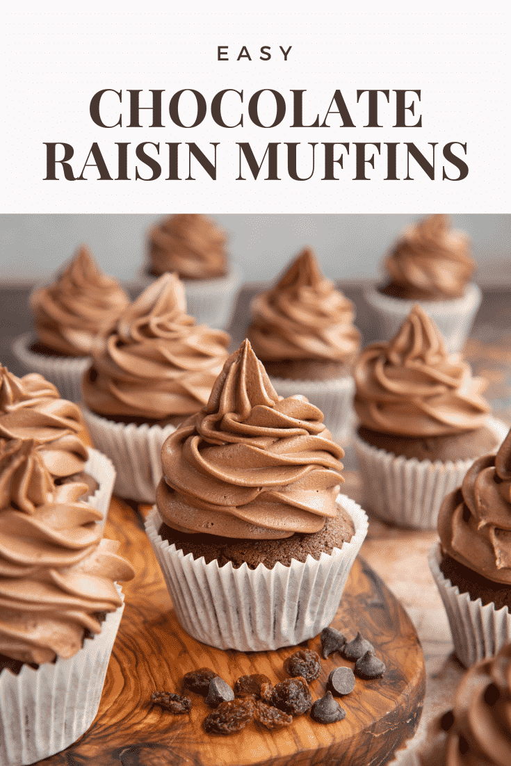 Chocolate raisin muffins with Nutella frosting on a wooden board. Caption reads: Easy chocolate raisin muffins