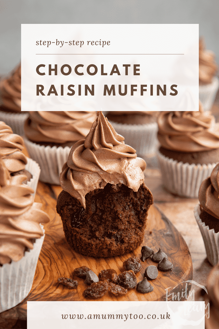 Chocolate raisin muffins with Nutella frosting on a wooden board. The muffin in the fore is unwrapped with a bite out of it. Caption reads: Step-by-step recipe chocolate raisin muffins