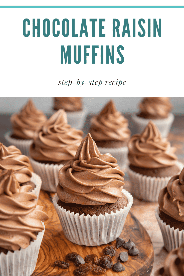 Chocolate raisin muffins with Nutella frosting on a wooden board. Caption reads: Chocolate raisin muffins step-by-step recipe