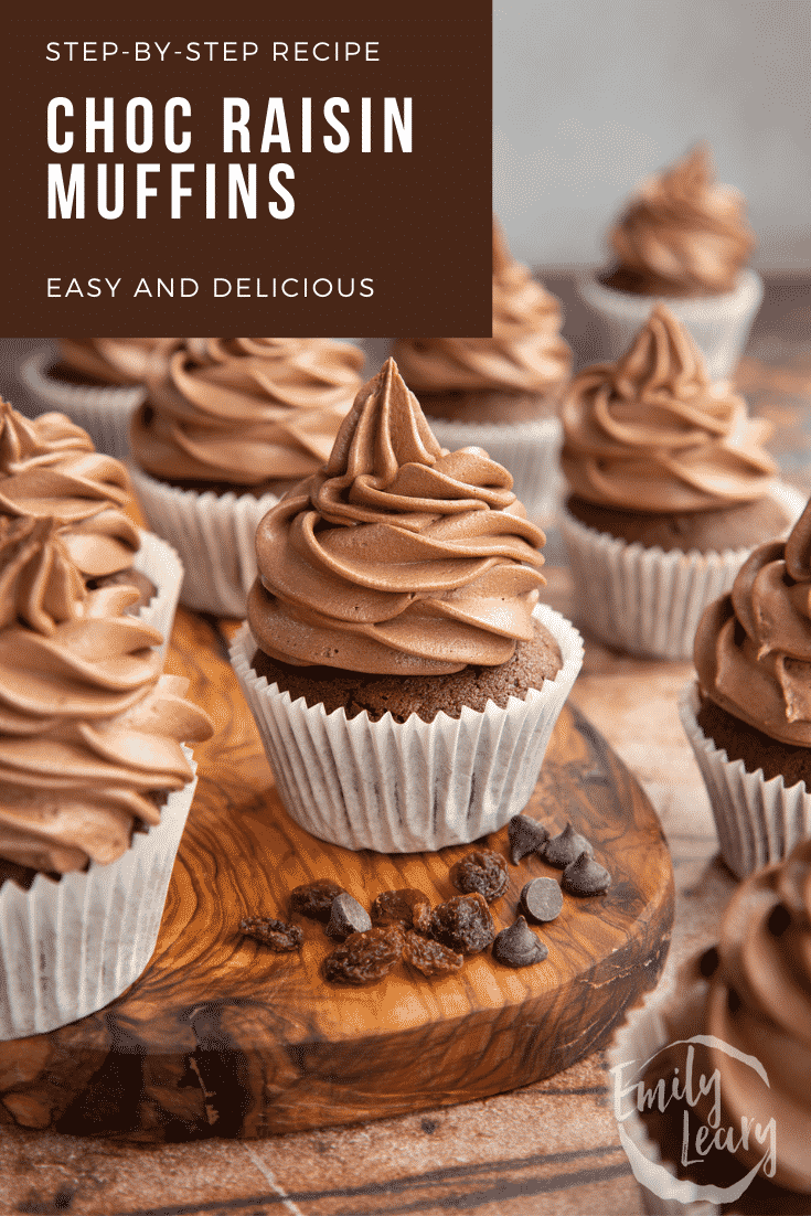 Chocolate raisin muffins with Nutella frosting on a wooden board. Caption reads: Step-by-step recipe choc raisin muffins easy and delicious