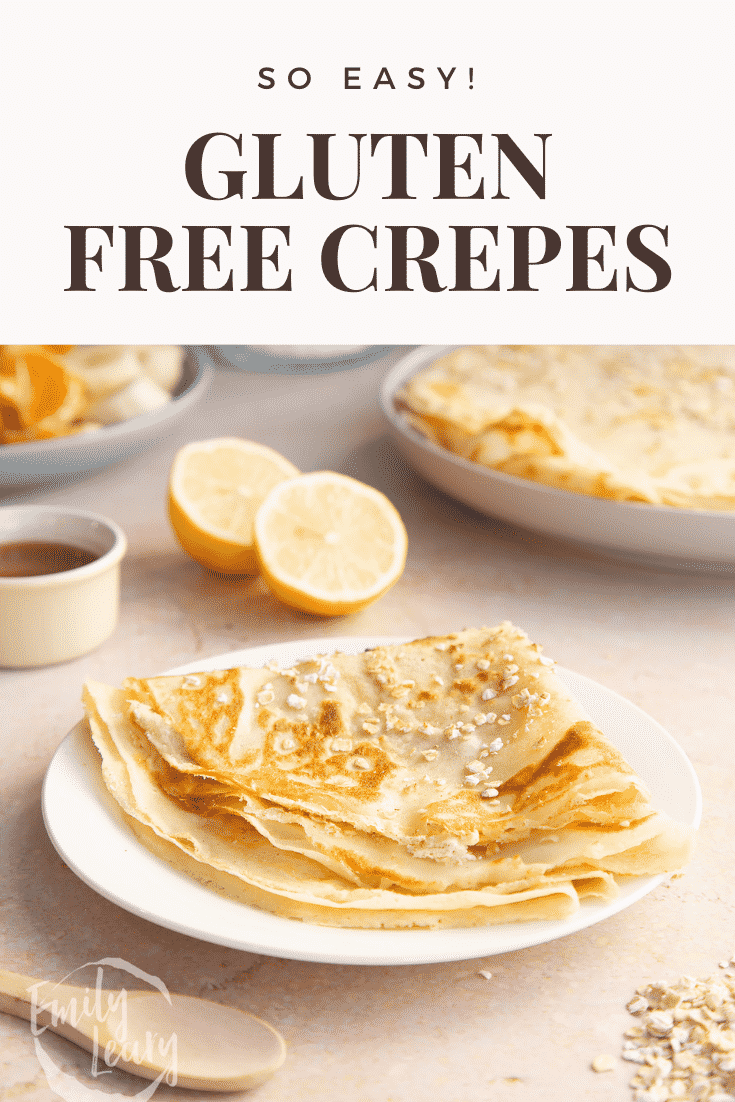 Gluten free crepe on a white plate. It is folded. Caption reads: So easy! Gluten free crepes