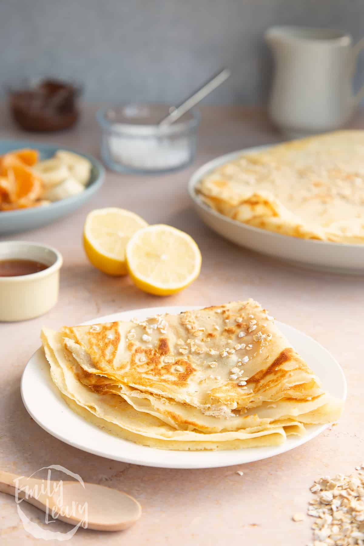 Gluten free crepe on a white plate. 