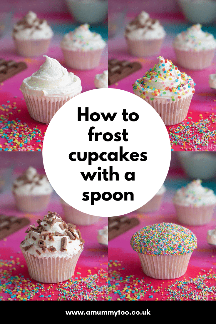 Pinterest image of four different frosted cupcakes with text in the centre explaining more about the post.