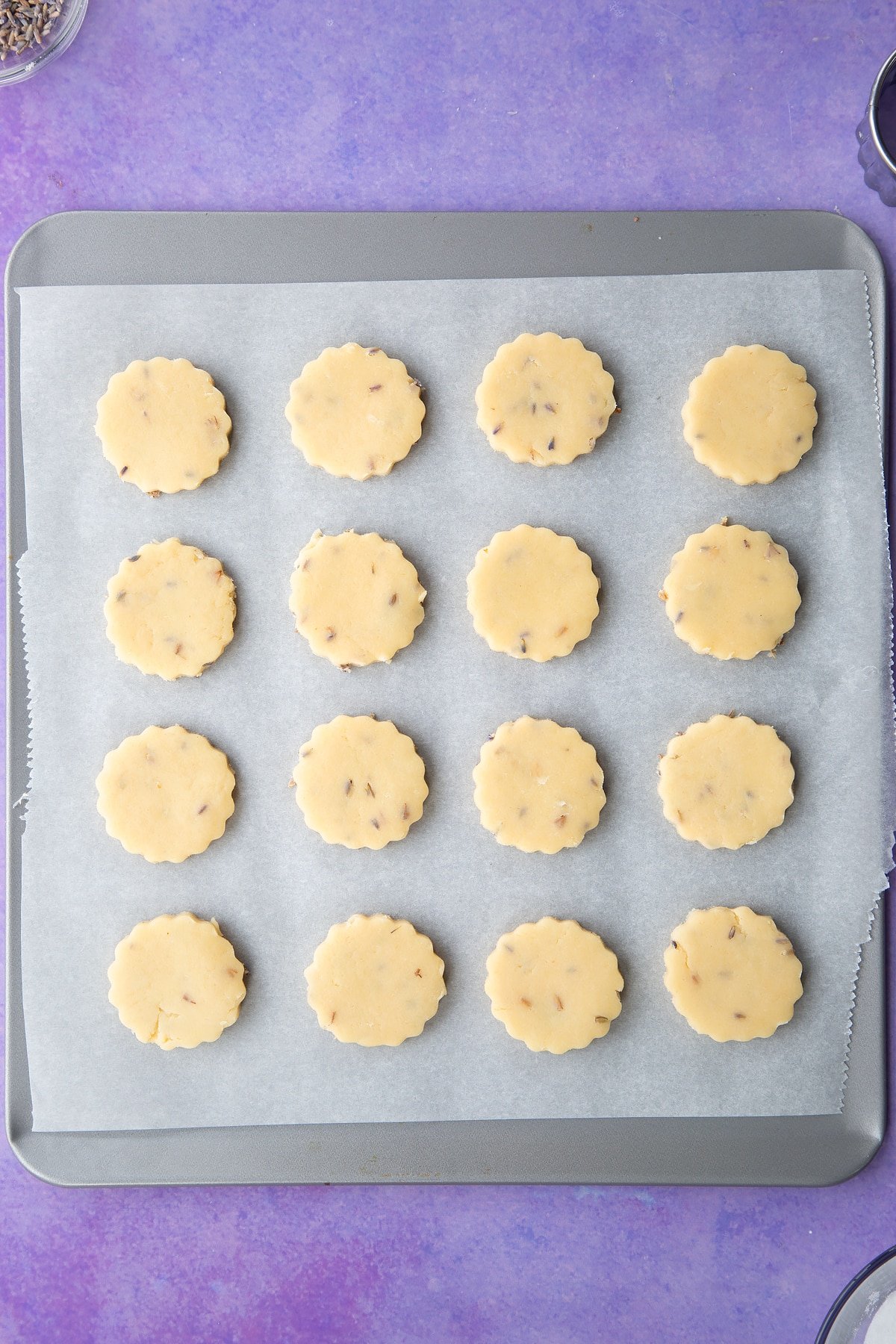 Lavender shortbread cookies on a tray ready to bake.