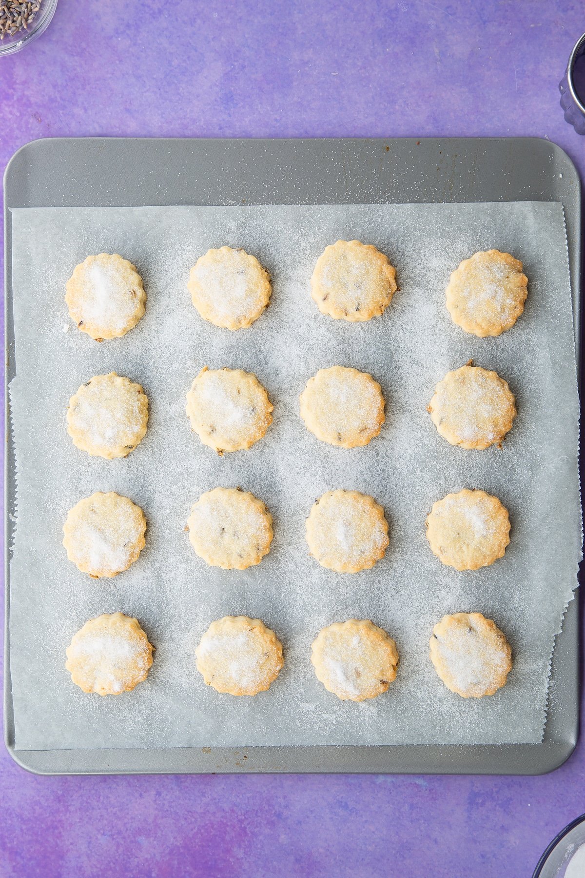 Lavender shortbread cookies freshly baked on a tray.