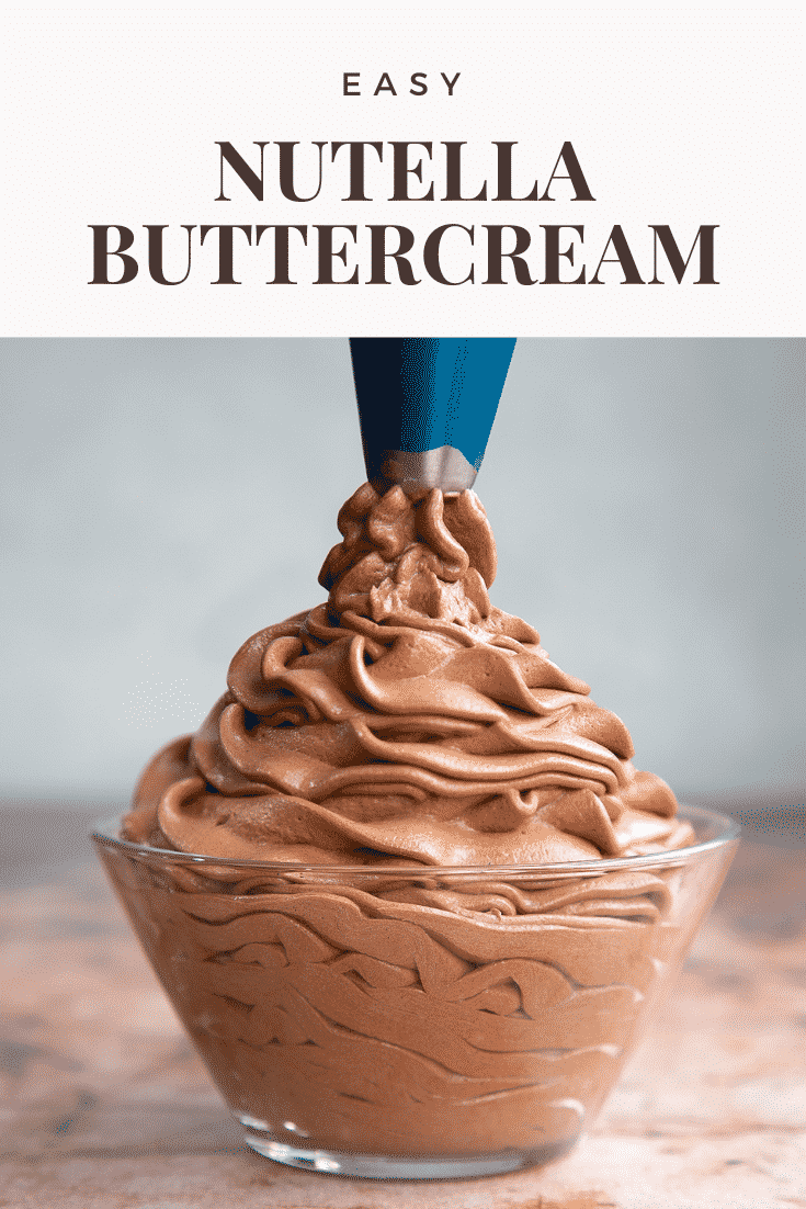 Nutella buttercream piped into a glass bowl. Caption reads: Easy Nutella buttercream. 