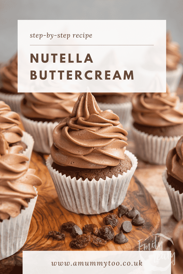 Nutella buttercream piped onto chocolate cupcakes. Caption reads: Step-by-step recipe. Nutella buttercream.