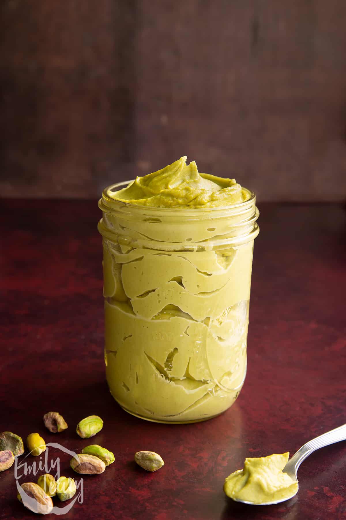 Finished pistachio paste in a jar.