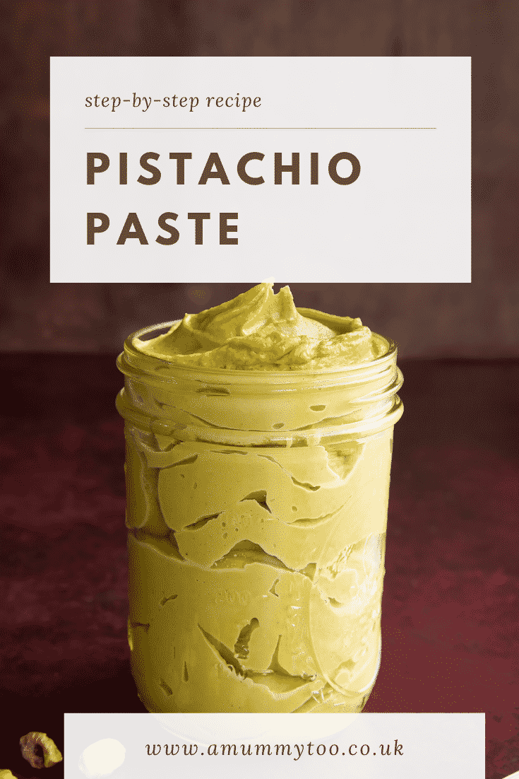 Pistachio paste image with text above the main image describing it for Pinterest.