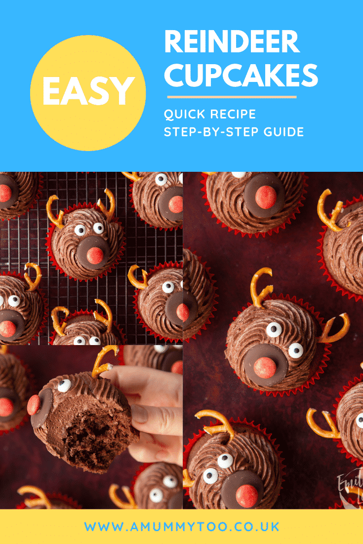 Collage of reindeer cupcakes. Caption reads: Easy reindeer cupcakes. Quick recipe. Step-by-step guide.