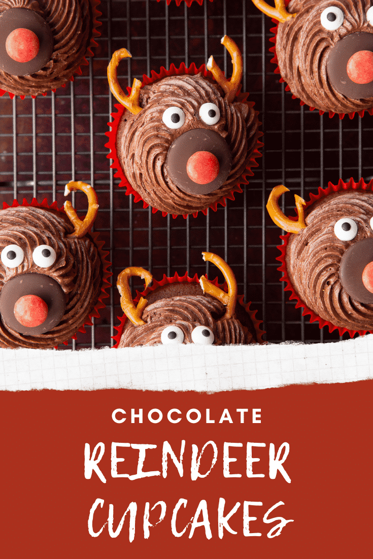 Reindeer cupcakes on a cooling rack. Caption reads: Chocolate reindeer cupcakes.