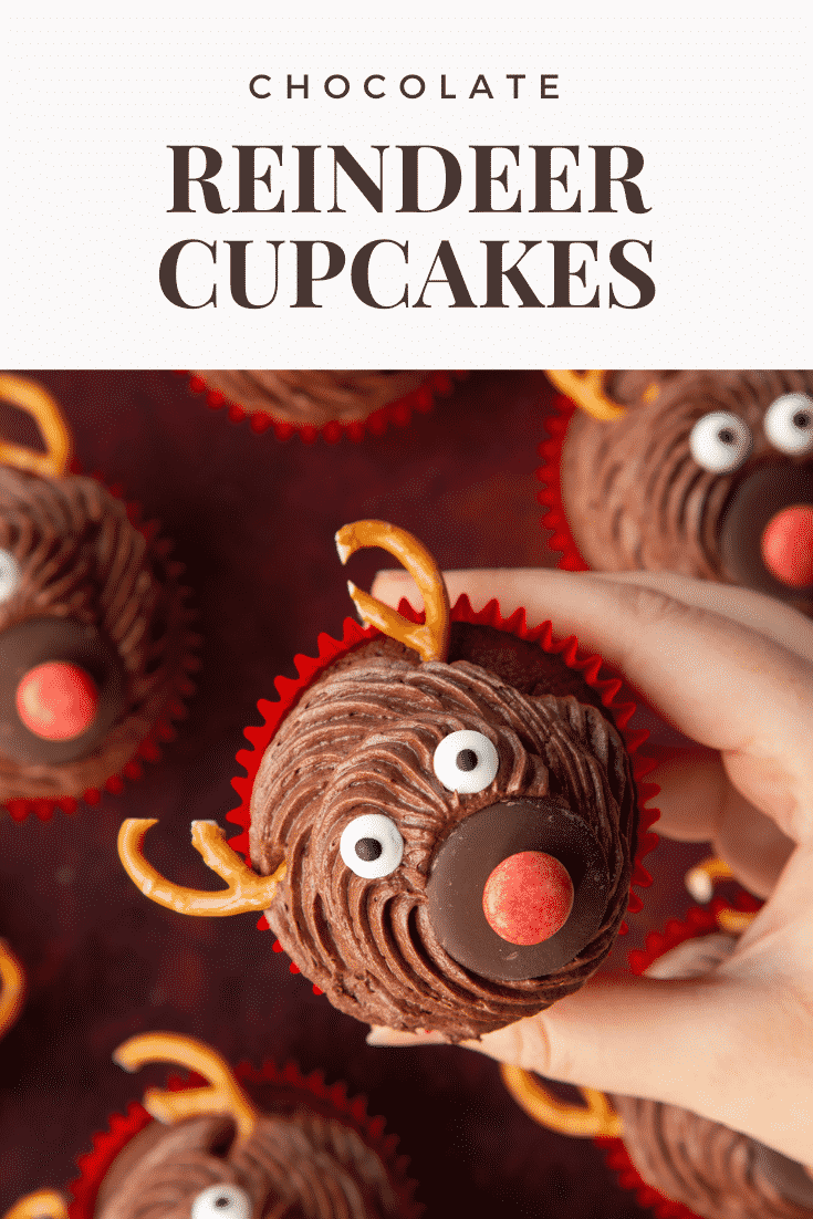 Hand holding a reindeer cupcake. Caption reads: Chocolate reindeer cupcakes.