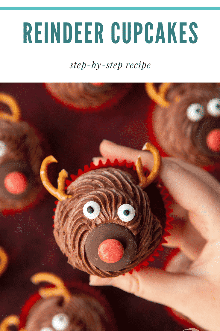 Hand holding a reindeer cupcake. Caption reads: Reindeer cupcakes. Step-by-step recipe