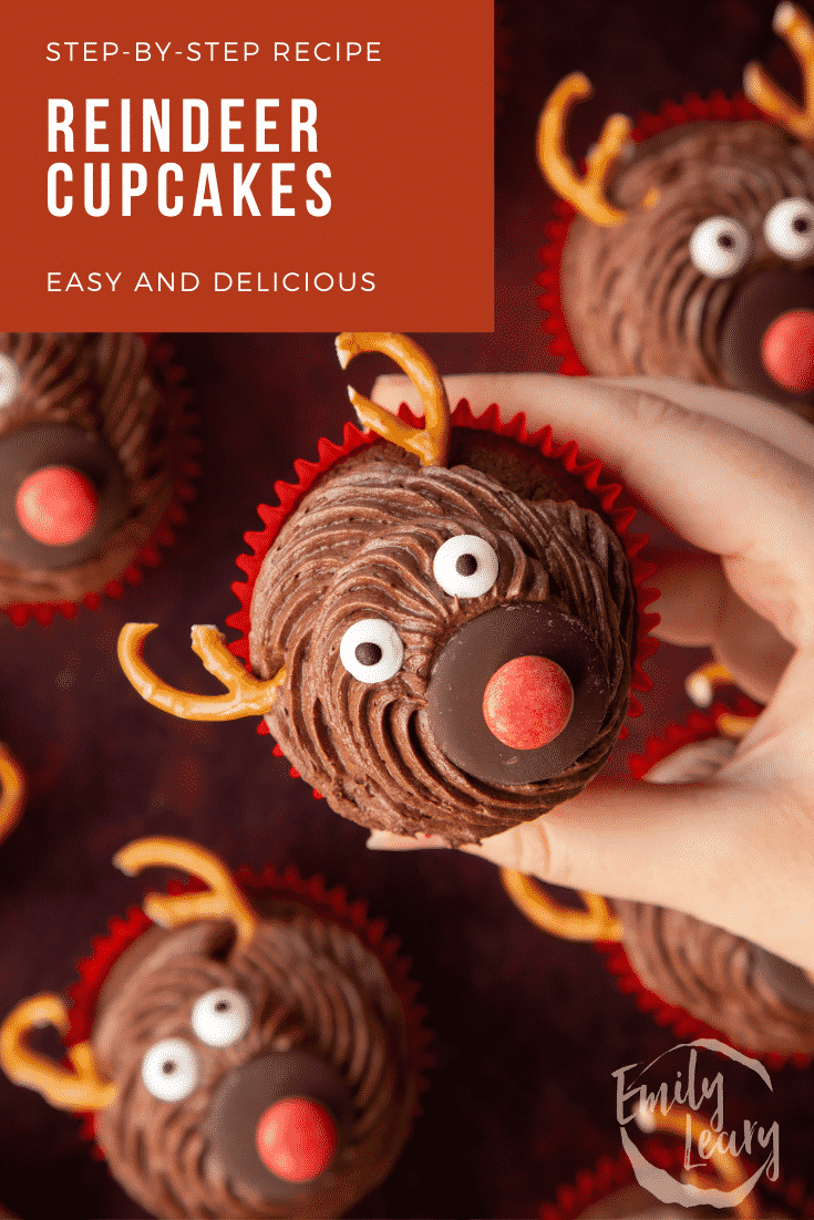 Hand holding a reindeer cupcake. Caption reads: Step-by-step recipe. Reindeer cupcakes. Easy and delicious.