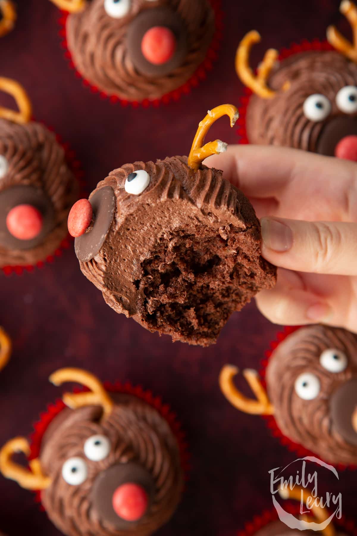 Hand holding a reindeer cupcakes shown from above. Part has been eaten.