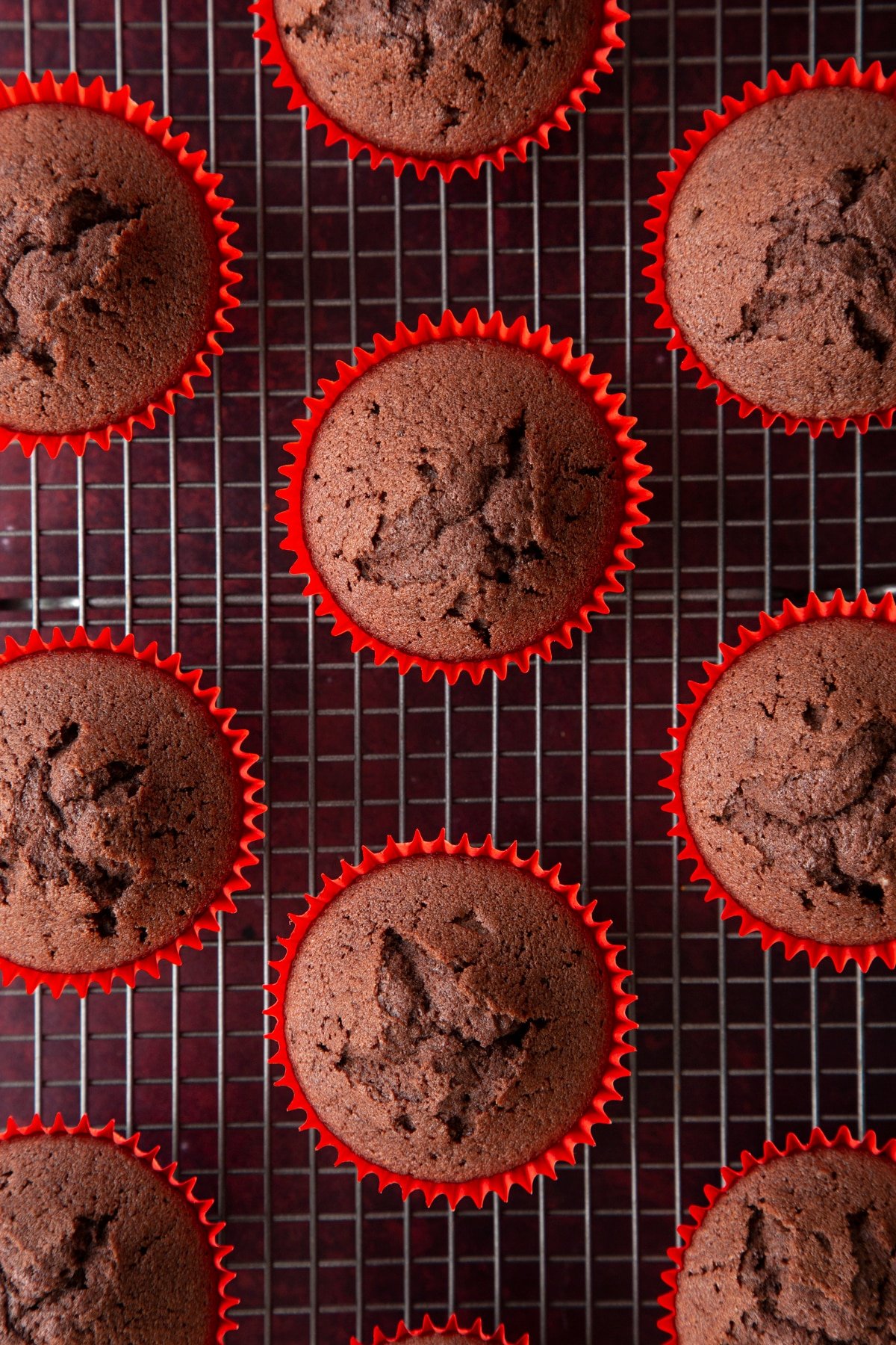 Baked chocolate cakes in red cupcake cases on a wire cooling rack.