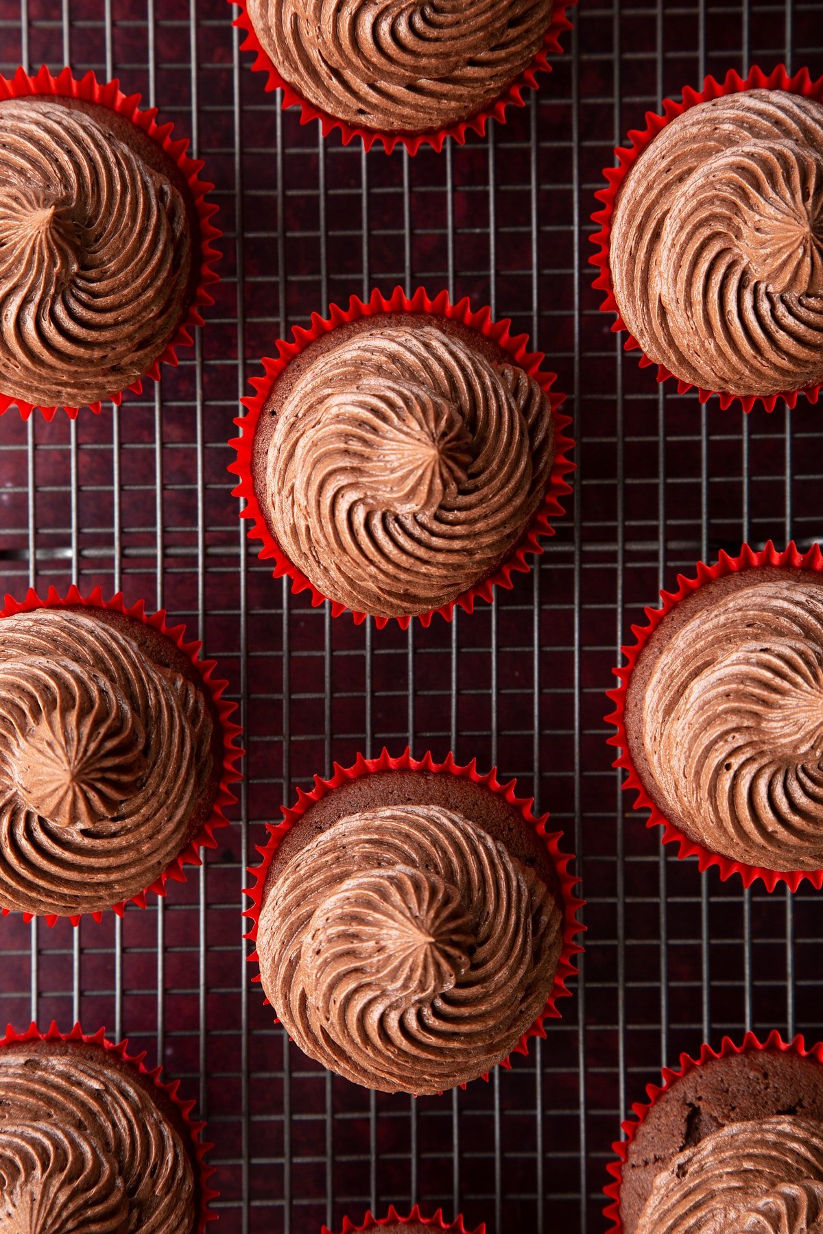 Chocolate cupcakes with chocolate frosting piped on top.