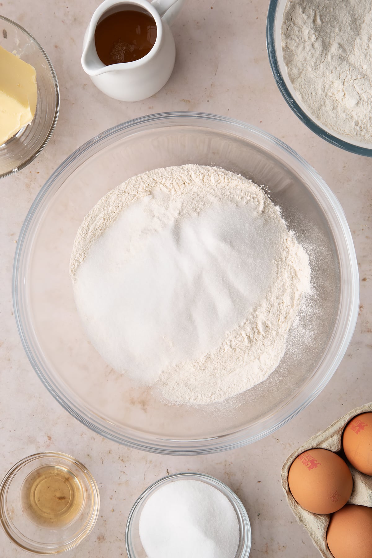 flour and sugar in a large clear bowl