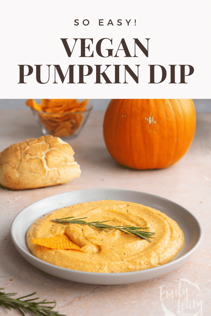 Vegan pumpkin dip in a shallow grey bowl with a sprig of rosemary. Caption reads: So easy! Vegan pumpkin dip.