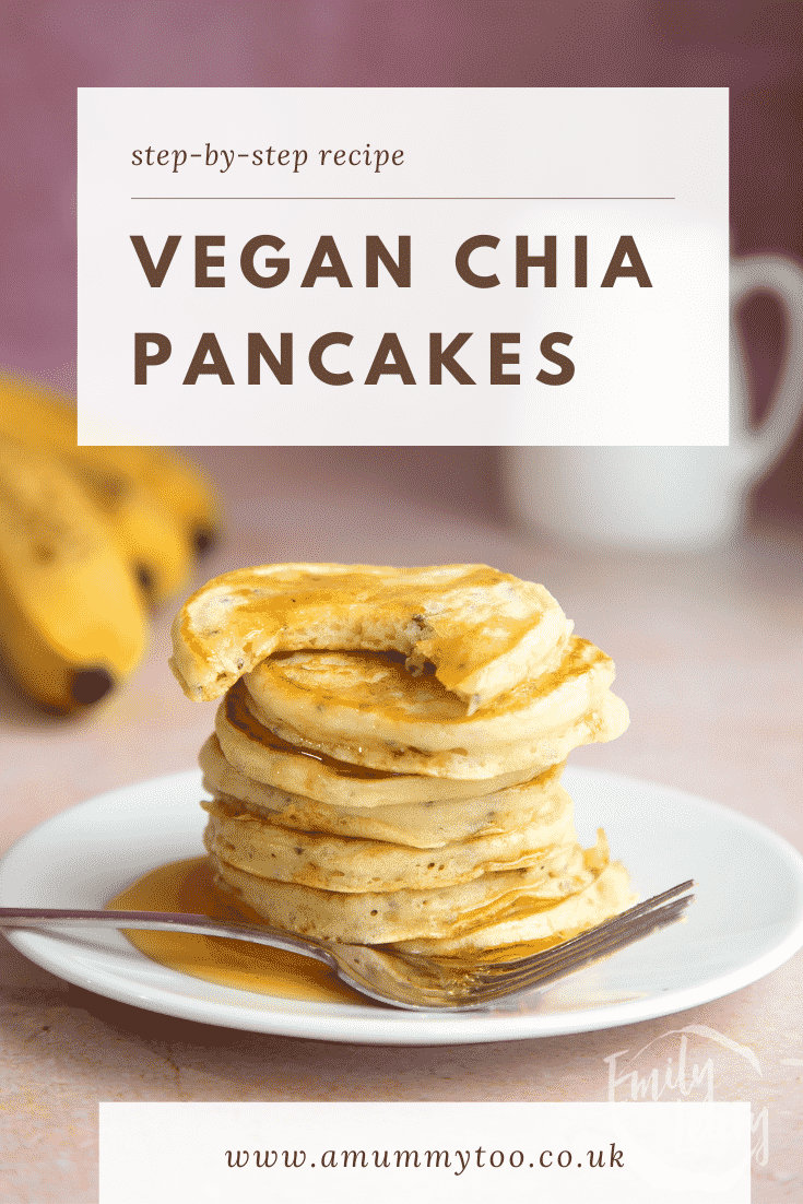 A stack of vegan chia pancakes on a small white plate, drizzled with golden syrup. The top one is part-eaten. Caption reads: Step-by-step recipe. Vegan chia pancakes. 