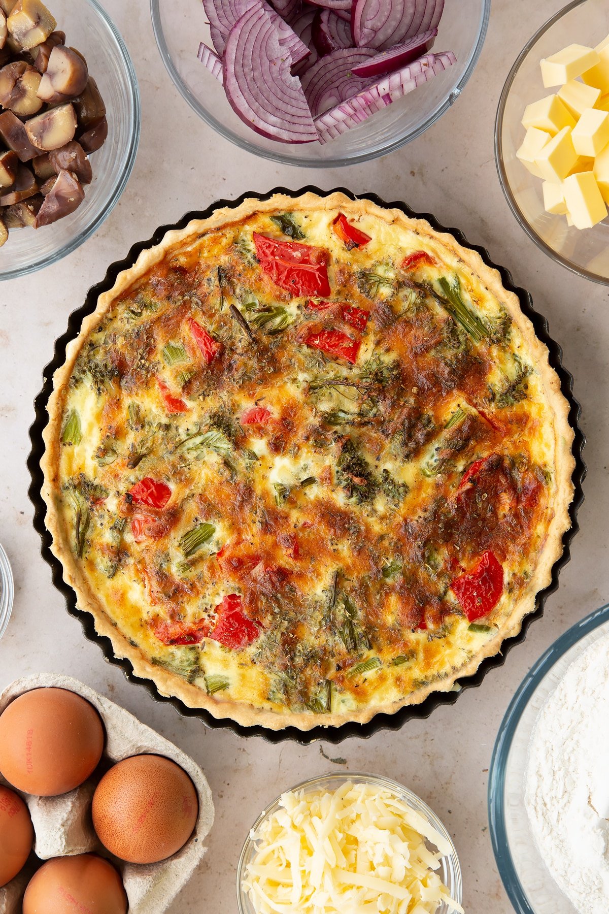 Broccoli and pepper quiche having been in the oven.