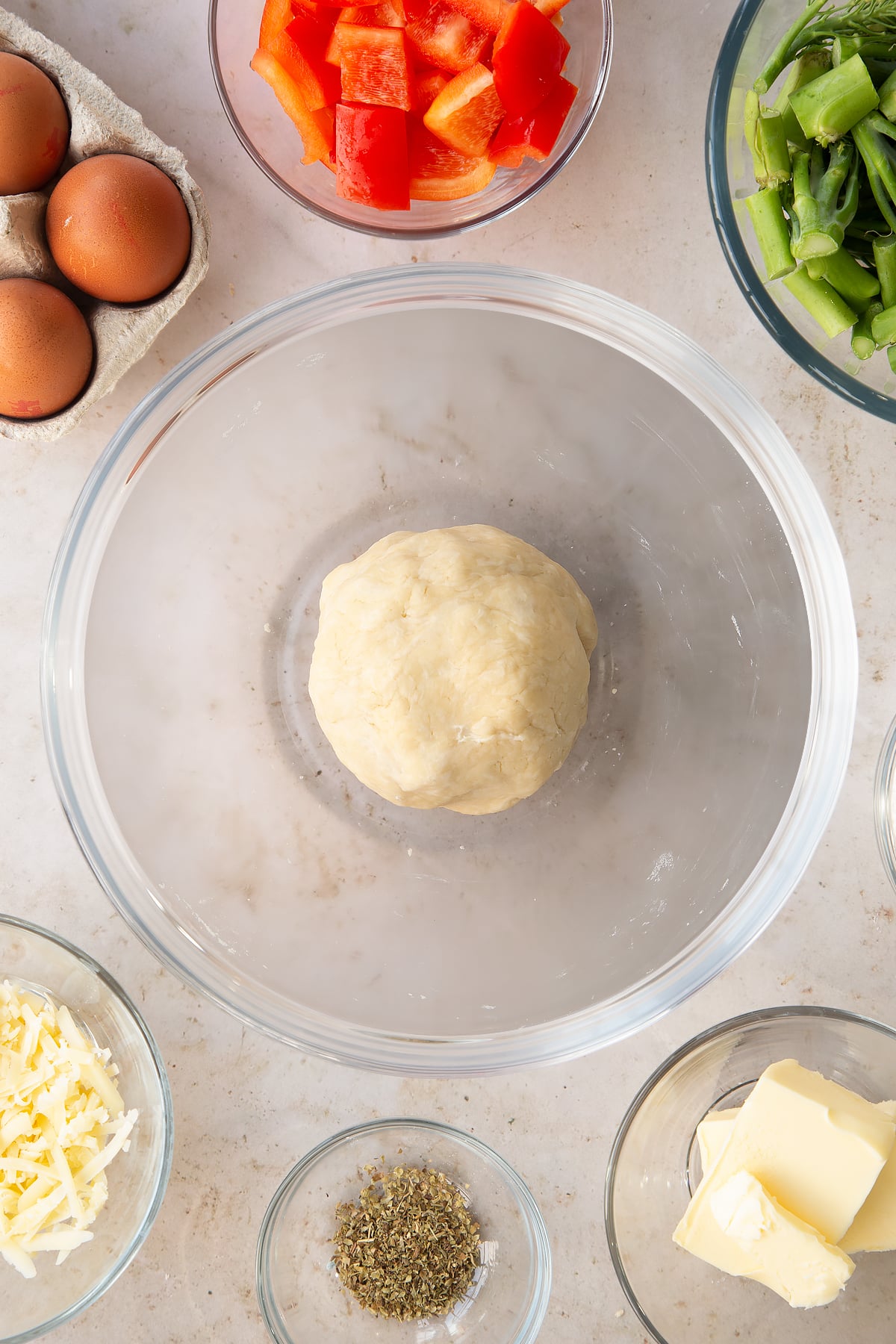 Overhead shot of the dough having been rolled into a ball.