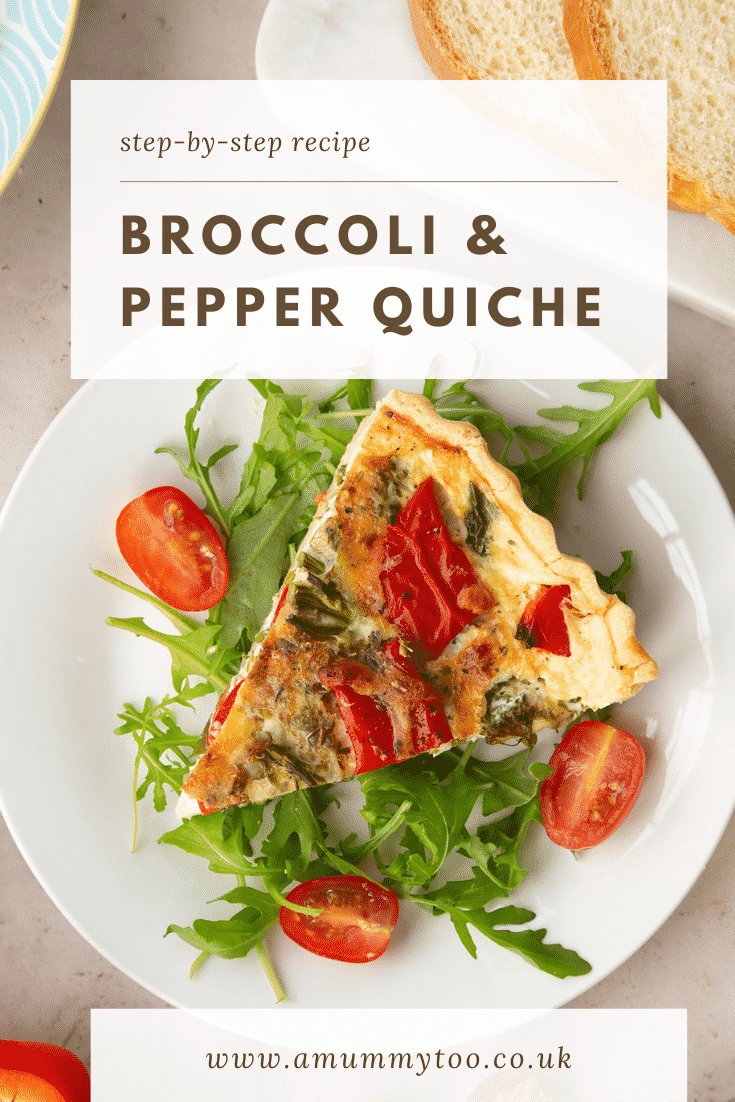 A slice of broccoli and pepper quiche ontop of a bed of salad with text at the top of the image describing the recipe for Pinterest.