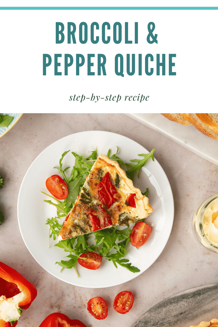 A slice of broccoli and pepper quiche on a bed of salad with text at the top describing the image for Pinterest.