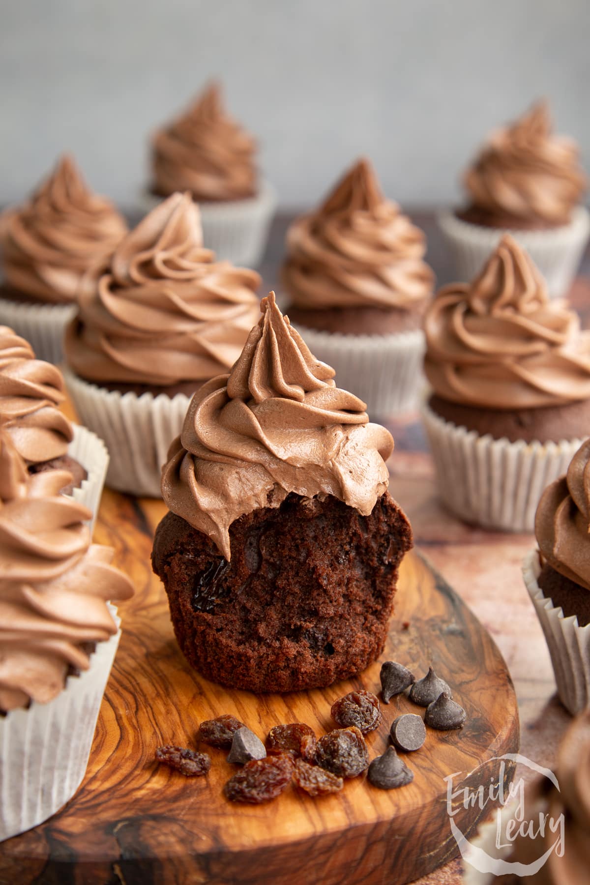 Chocolate raisin muffins on a wooden board. The muffin in the fore is unwrapped with a bite out of it. 