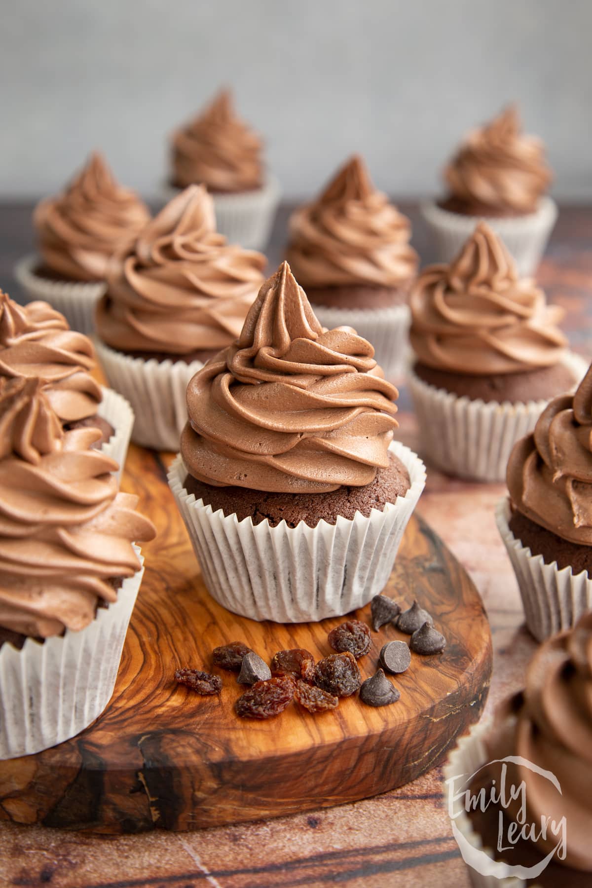 Chocolate raisin muffins on a wooden board. 