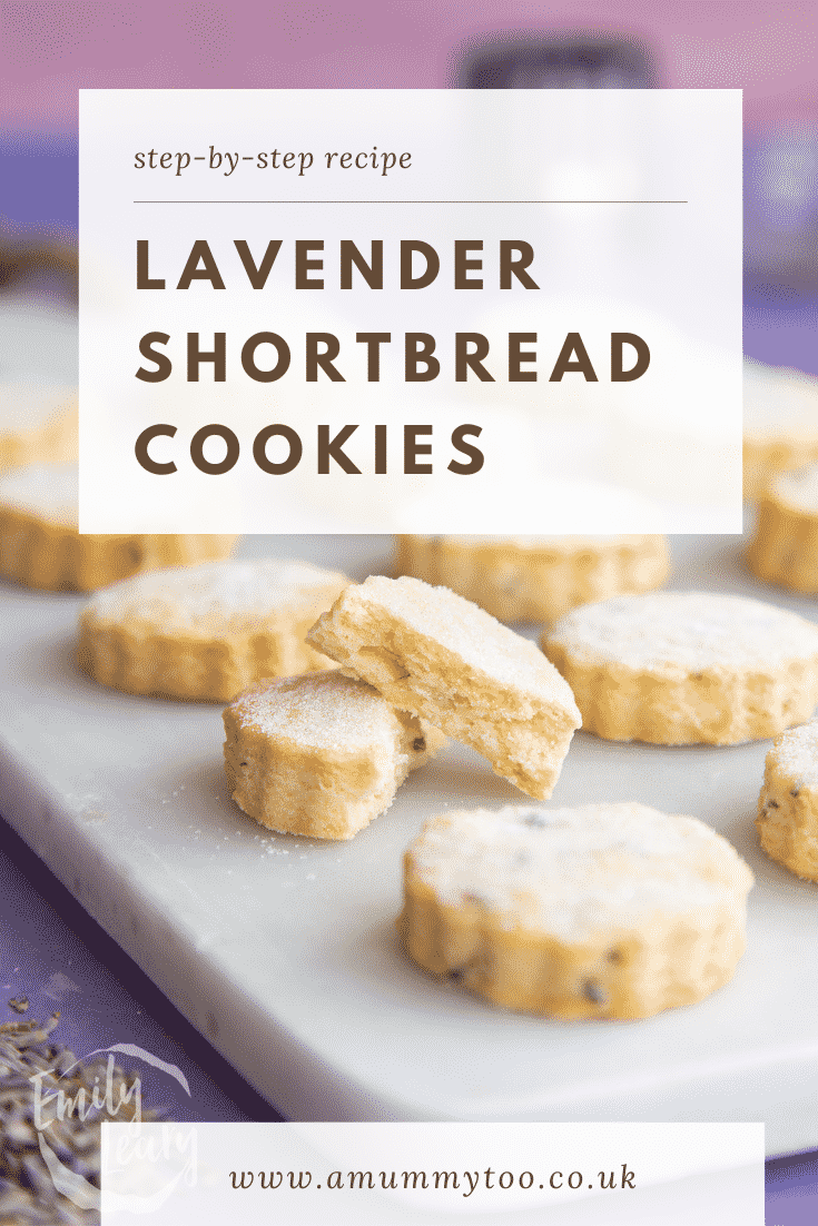 Lavender shortbread cookies on a white marble board. One is broken in half. Caption reads: Step-by-step recipe. Lavender shortbread cookies.