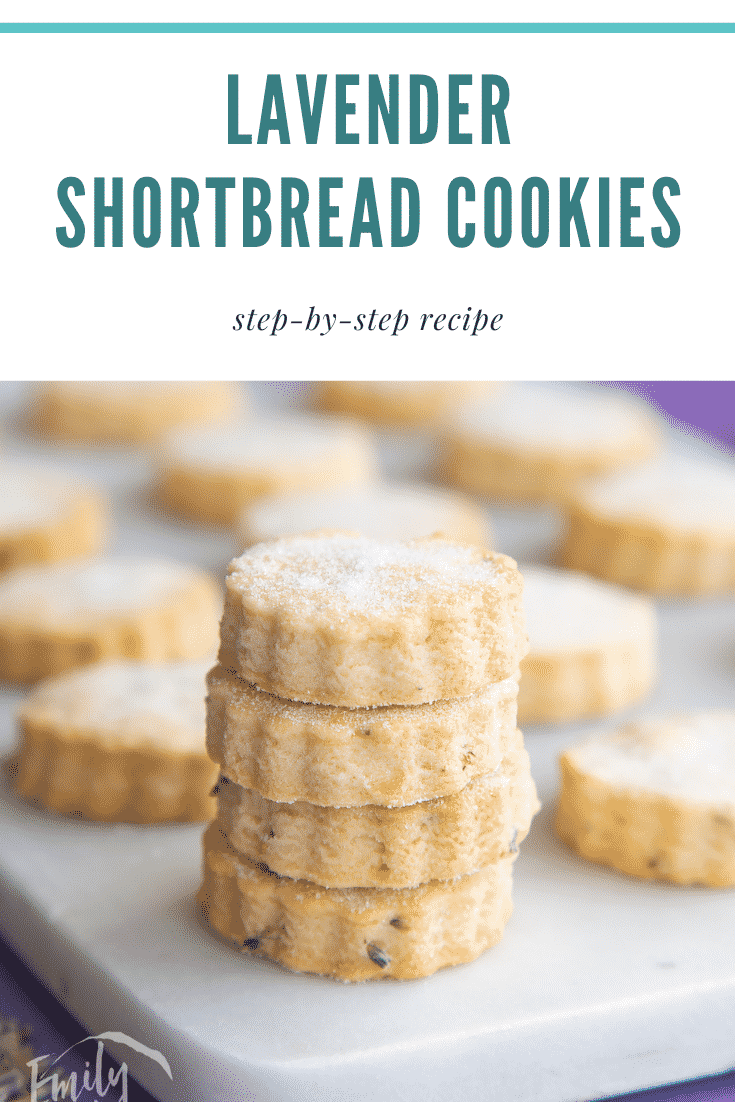 Lavender shortbread cookies stacked on a white marble board. Caption reads: Lavender shortbread cookies. Step-by-step recipe.