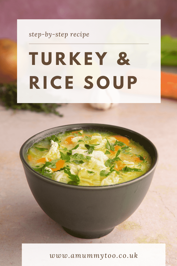 Pinterest image for the turkey rice soup with text at the top describing the image for Pinterest.