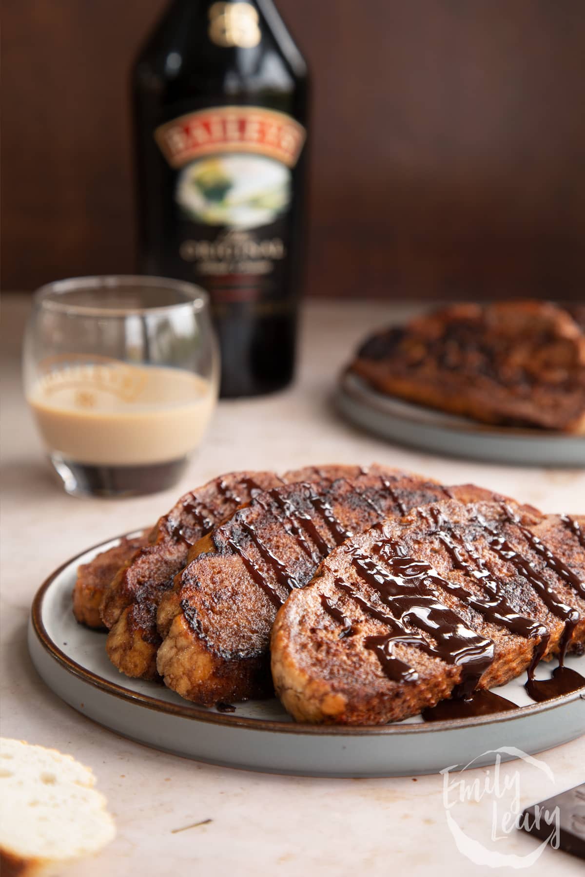 The finished Baileys French toast drizzled with syrup.