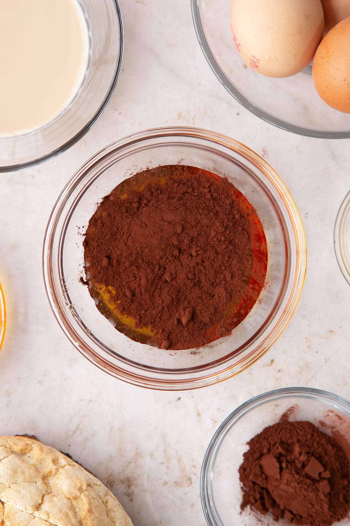 Overhead shot of some of the ingredients required for the syrup together in a mixing bowl.