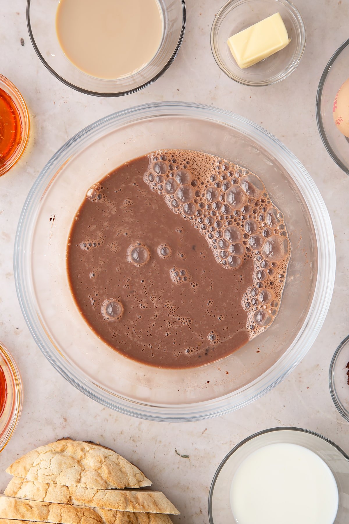 Overhead shot of the Baileys French toast ingredients having been whisked together in a bowl.